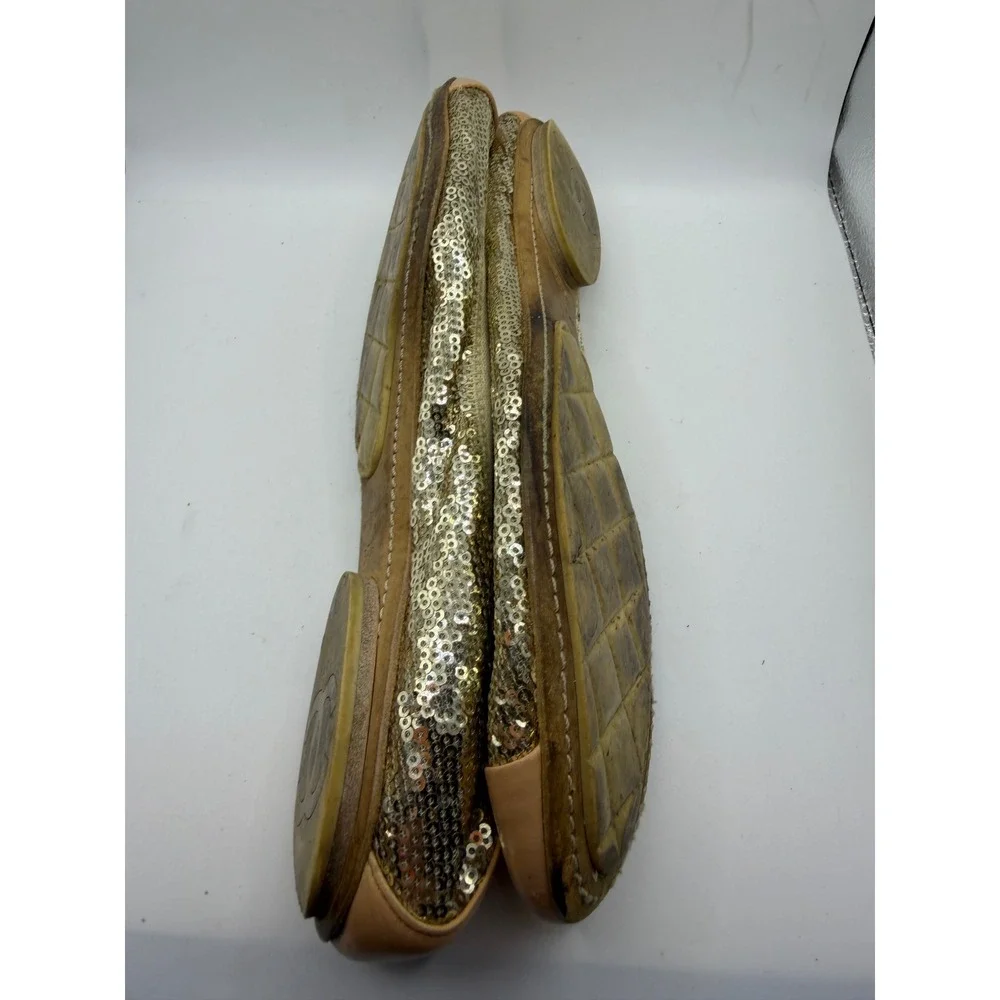 Chanel Gold Sequin Cap Toe Ballet Flats CC Logo Leather Trim Made in Italy 37.5